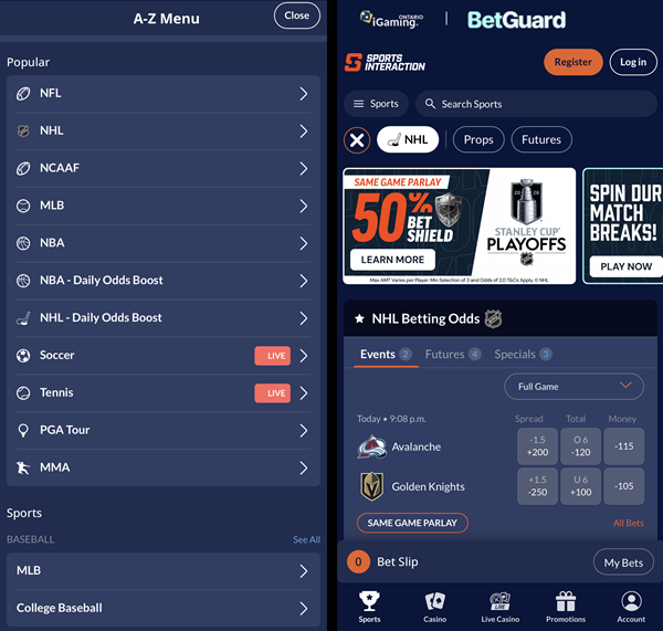 Screenshot of the mobile betting screen at Sports Interaction sportsbook.