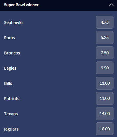Super Bowl winner odds leading into the Wild Card round of the 2026 NFL Playoffs. The odds are from Sports Interaction.