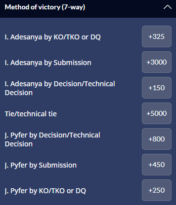 Screenshot of the method of victory odds for a UFC fight between Adesanya and Pyfer at Sports Interaction.
