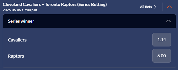 Raptors vs Cavaliers series winner odds for round 1 of the 2026 NBA Playoffs from Sports Interaction.