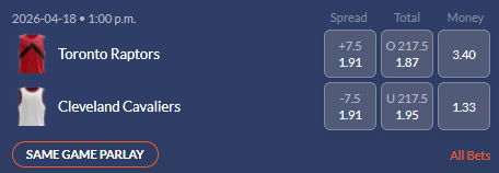 Screenshot of the odds for game 1 of the Toronto Raptors vs Cleveland Cavaliers first round series (2026) from Sports Interaction.
