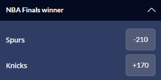 Screenshot of the NBA Finals series winner odds from Sports Interaction.