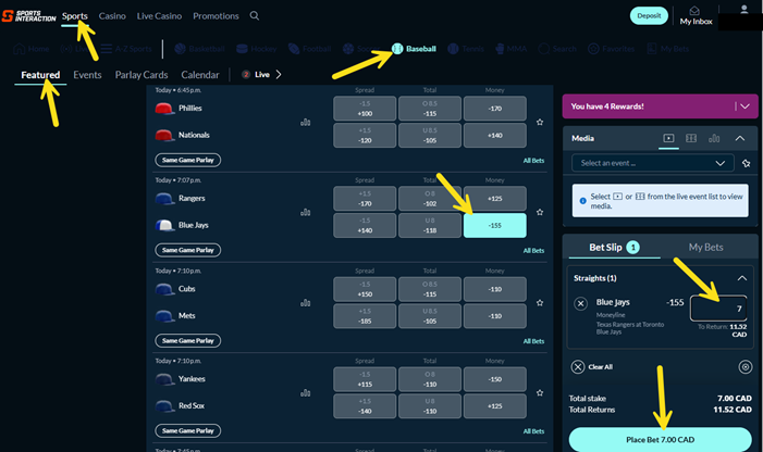 Screenshot example showing the clicks to place a bet on an MLB game at Sports Interaction.
