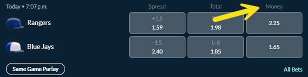 Screenshot example of MLB money line odds for a Blue Jays game.
