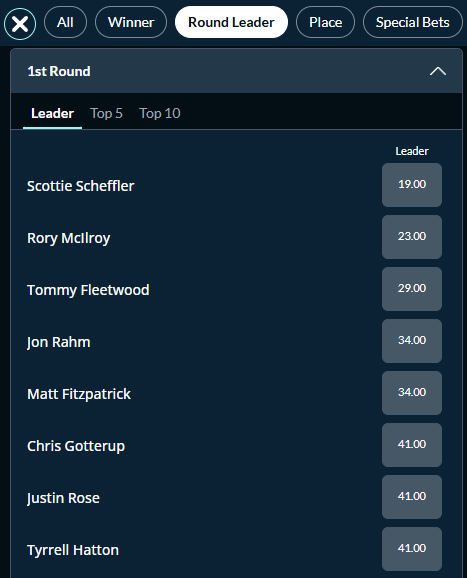 Screenshot showing the first round leader odds for the 2026 Open Championship from Sports Interaction.