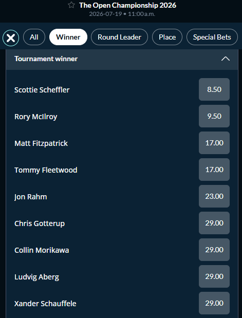Screenshot showing the outright winner odds for the 2026 Open Championship from Sports Interaction.