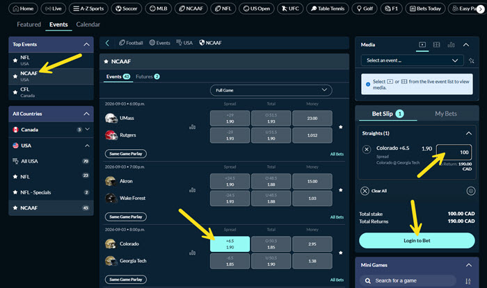 Screenshot with arrows showing how to bet on NCAA Football at Sports Interaction.