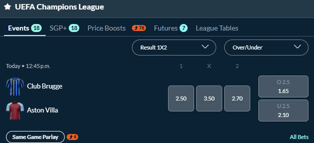 Screenshot example of a Champions League match odds from Sports Interaction.