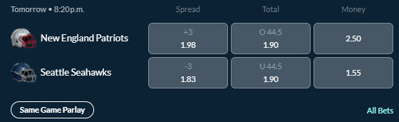 Screenshot showing the NFL odds for the Patriots vs Seahawks season opener from Sports Interaction.