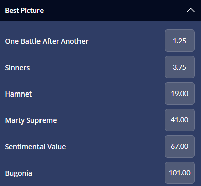 2026 Oscars Best Picture award odds from Sports Interaction sportsbook.