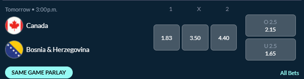 Screenshot of the match winner and total goals odds for the Canada vs Bosnia & Herzegovina World Cup group stage match from Sports Interaction.