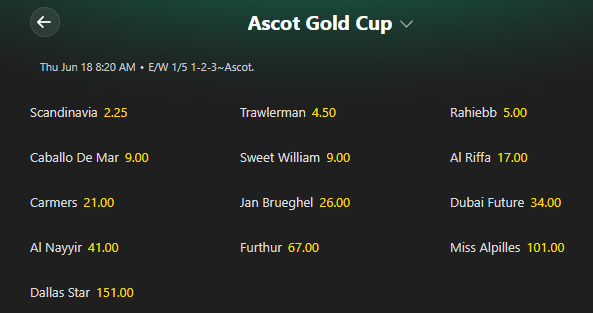 Screenshot showing the antepost odds for the Ascot Gold Cup from Bet365.