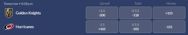 Screenshot of the Game 1 odds for the 2026 Stanley Cup Finals from Sports Interaction.