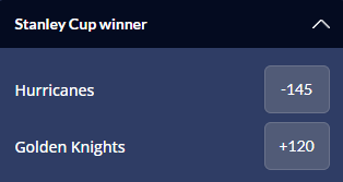 Screenshot of the 2026 Stanley Cup Finals series odds from Sports Interaction.