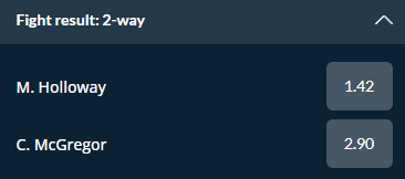 Screenshot showing the odds to win the McGregor vs Holloway fight at UFC 329 from Sports Interaction.