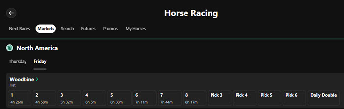 Where to find the Woodbine betting markets at Bet365.