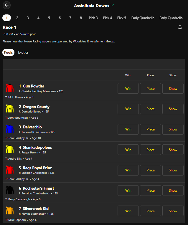 Bet365 Ontario Assiniboia Downs Pools tab with Win, Place and Show buttons and the Woodbine Entertainment Group notice.