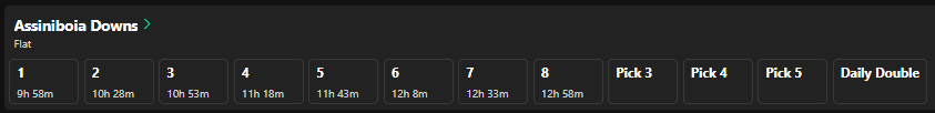 Bet365 Horse Racing Markets tab showing the Assiniboia Downs race card with race numbers, time to post and multi-race wagers