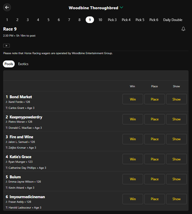 2026 Breeders' Stakes at Bet365, with win, place and show pools and Exotics tab.