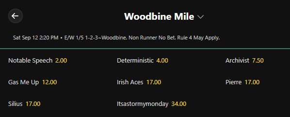 2026 Woodbine Mile futures odds from Bet365.