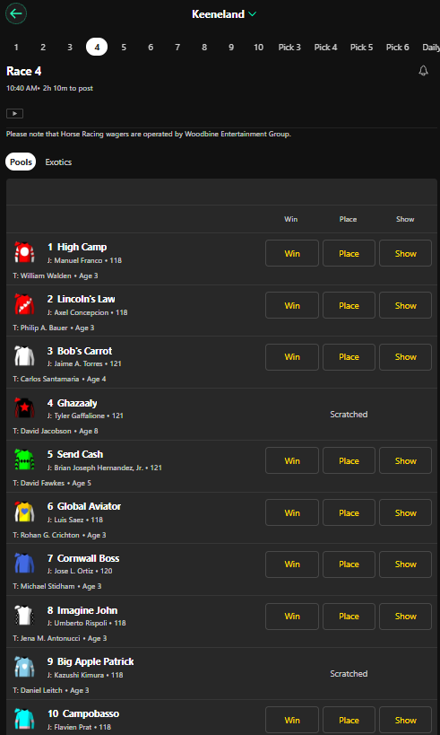 Lanark Stakes race card at Keeneland on Bet365.ca showing win, place and show pool betting in Ontario