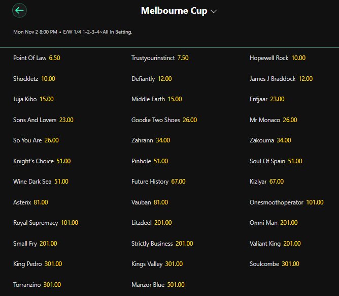 Screenshot of the futures odds for the 2026 Melbourne Cup from Bet365.