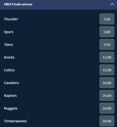 2027 NBA Finals winner odds from Sports Interaction